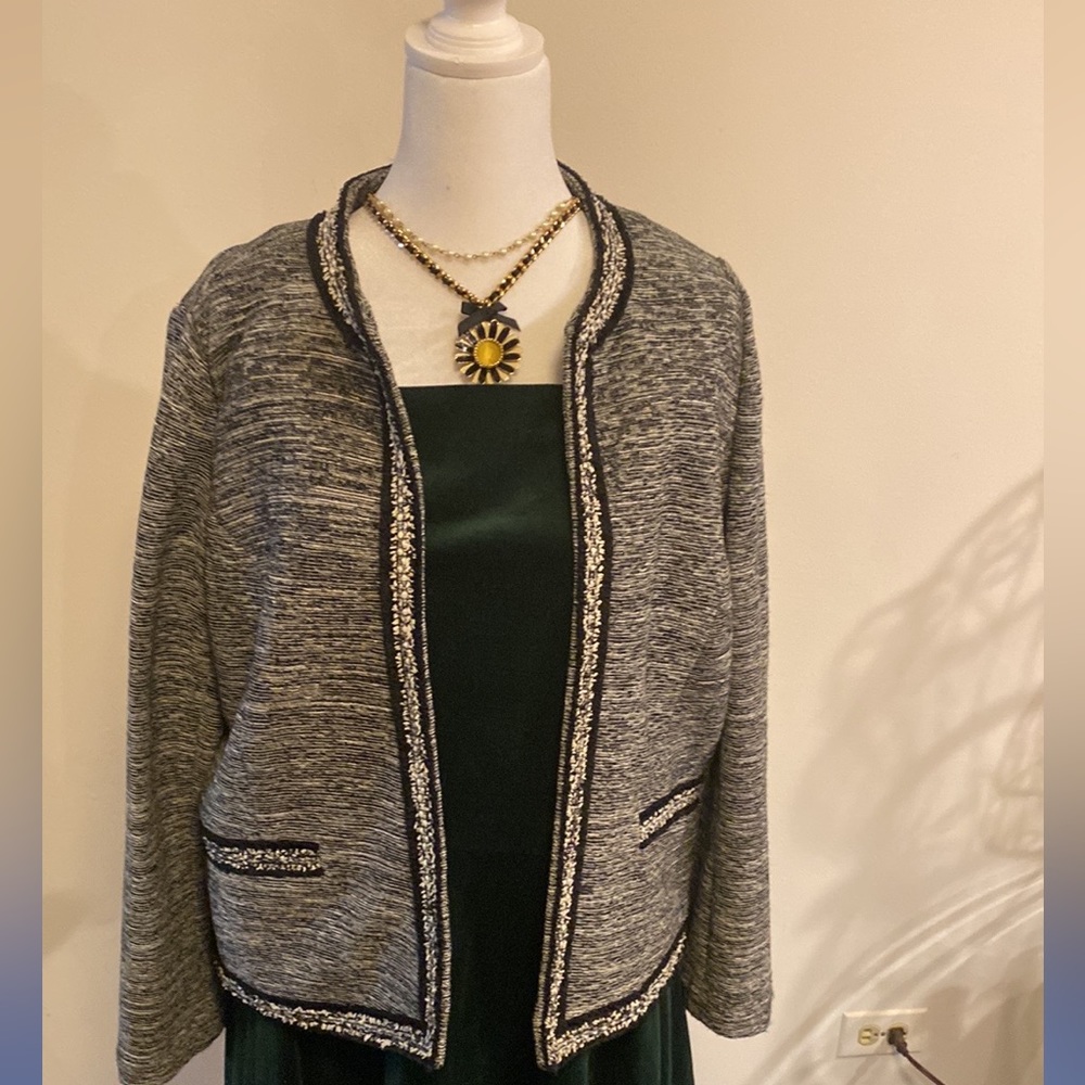 Talbots Open-Front Knit Jacket with Tweed Trim